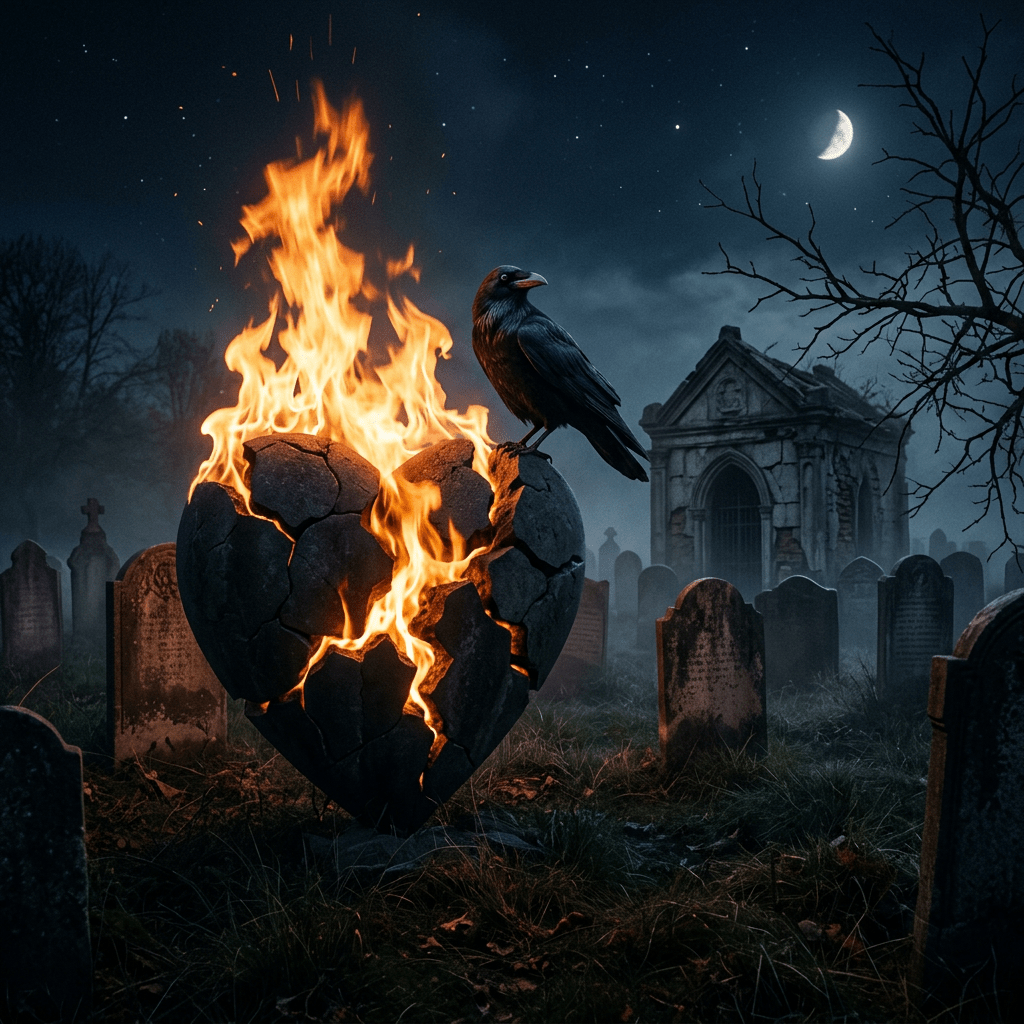 Raven perched on a flaming heart-shaped rock in a cemetery