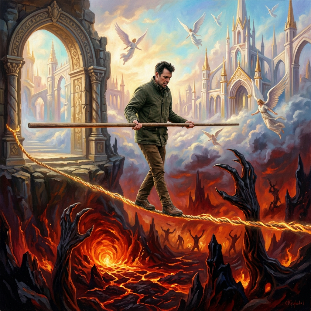 Man balancing on a rope above flames in a rocky canyon