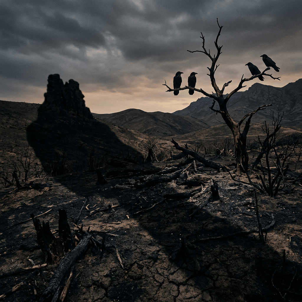 Four ravens perched on a dead tree in a burned mountain landscape