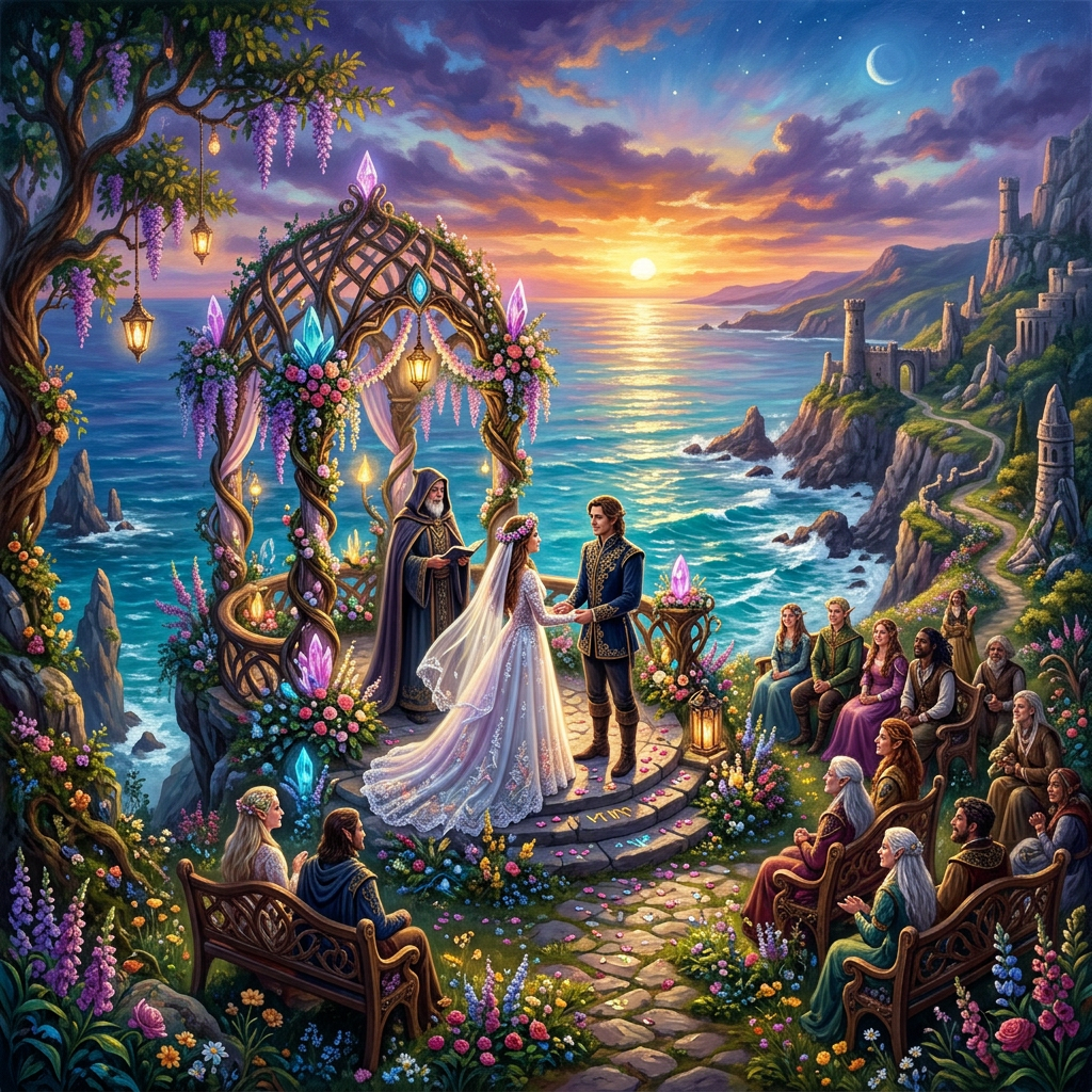 Bride and groom exchanging vows beneath a flower-covered arch beside the sea