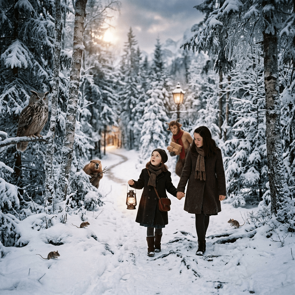 Woman and child walking through a snowy forest with lanterns